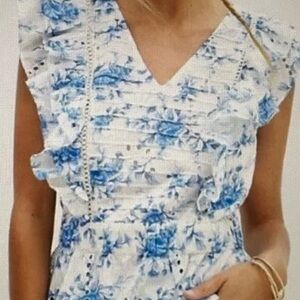 ANTHROPOLOGIE Forever That Girl.  Floral Blue and White Women's Top. Size 12.